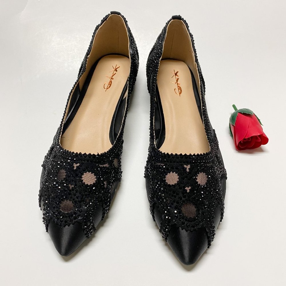 XYD Pointed Toe Rhinestone Studded Ballet Flats